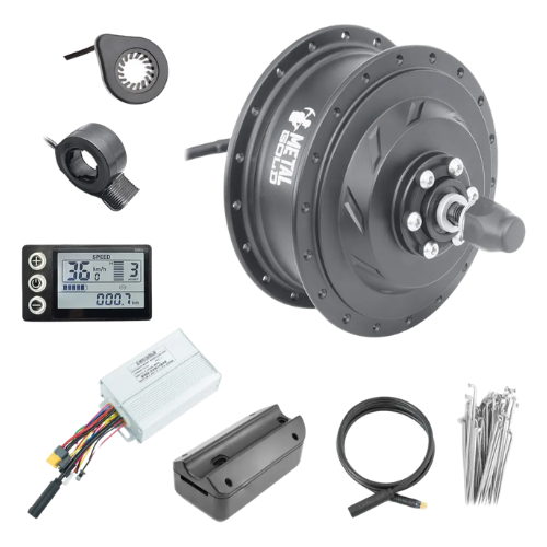 Kit para bicicleta elétrica Metal Gold 500W 48V, com motor dianteiro, display, controlador, acelerador, sensor PAS, cabos e raios.