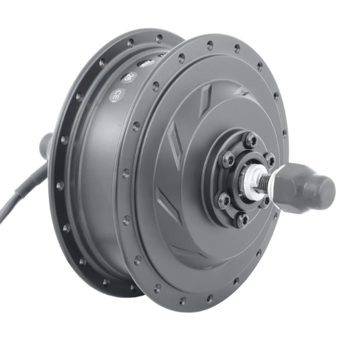 Motor dianteiro de cubo Metal Gold 350W 36V, visto de lado, com eixo e cabo.