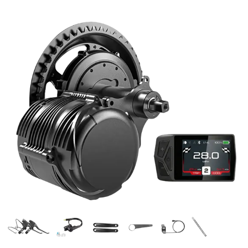 Kit Tongsheng TSDZ8 com motor central, display EKC01 e componentes para conversão de bicicleta elétrica.