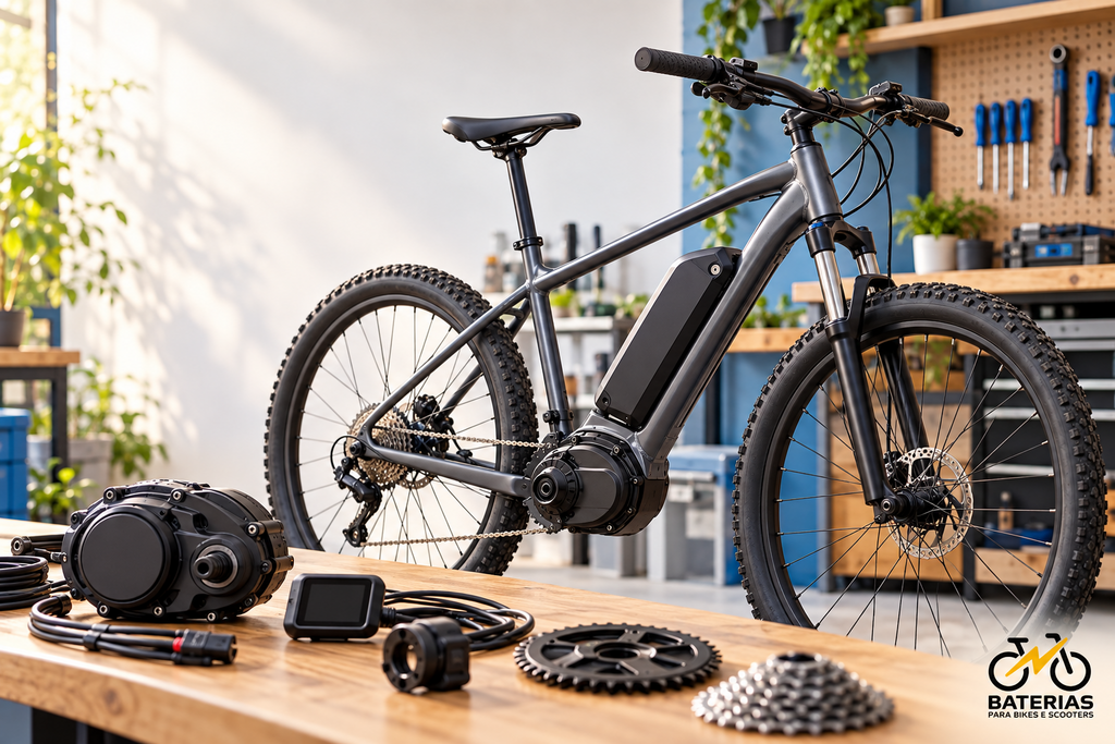 Bicicleta equipada com motor central e bateria no quadro, ao lado de componentes de conversão em uma oficina.